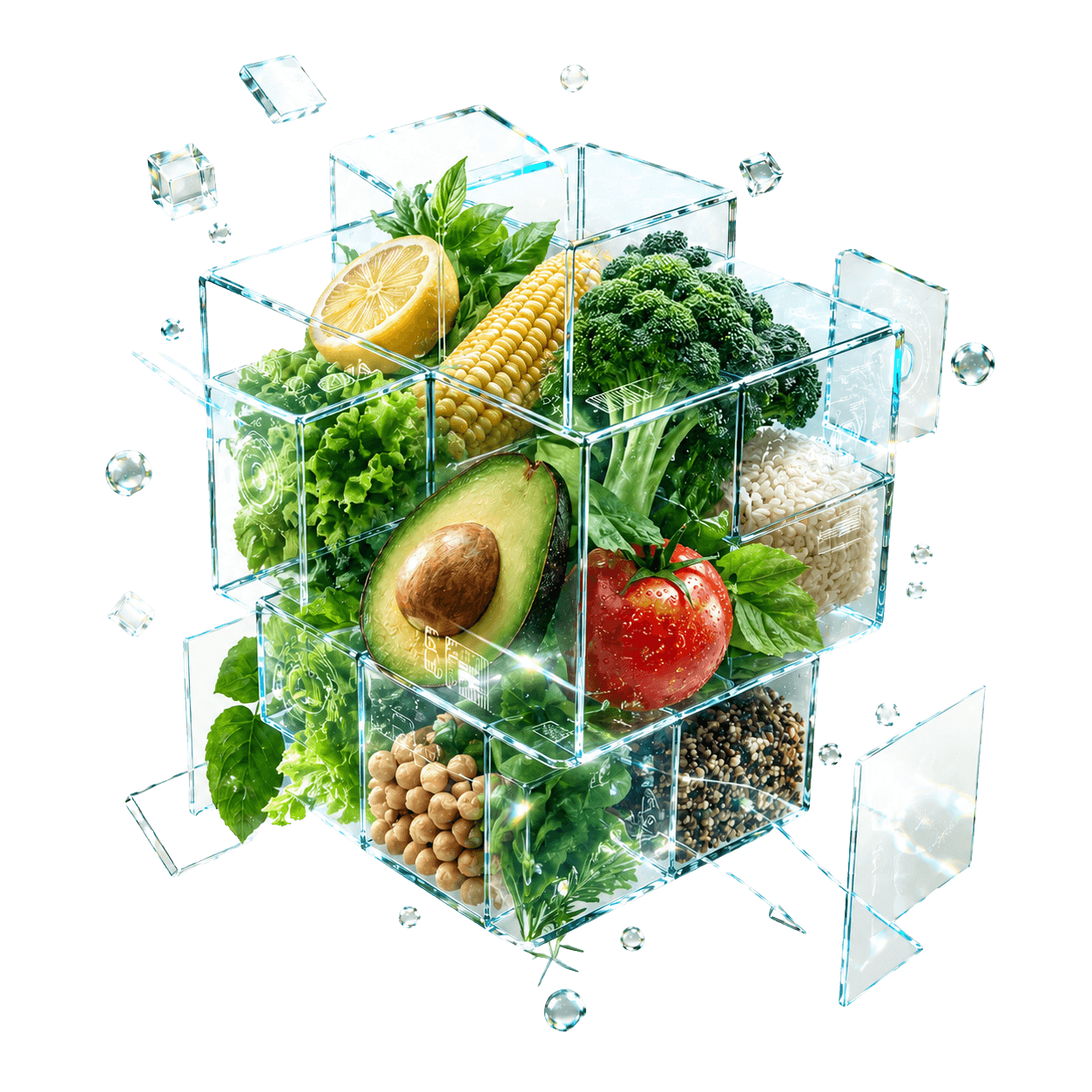 Cubo de vidrio con alimentos frescos (aguacate, tomate, brócoli, maíz, limón y granos), símbolo de la composición nutricional